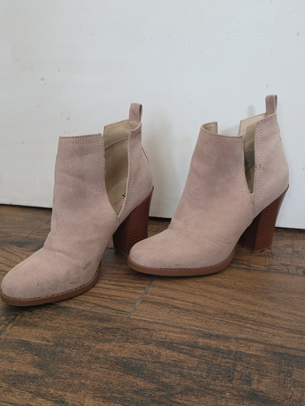 JustFab Suede Cutout Ankle Booties in Blush Pink with Stacked Heel